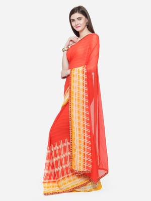 Orange printed georgette saree with blouse 3