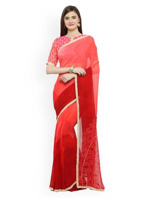 Pink printed georgette saree with blouse 1