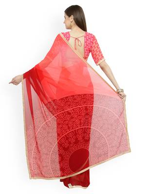 Pink printed georgette saree with blouse 2