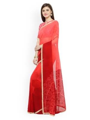 Pink printed georgette saree with blouse 3