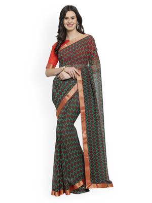 Green printed georgette saree with blouse 1