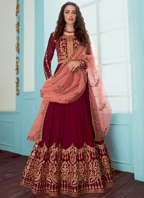 maroon georgette embroidered anarkali suit 1