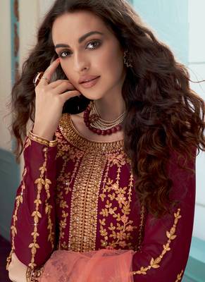 maroon georgette embroidered anarkali suit 4