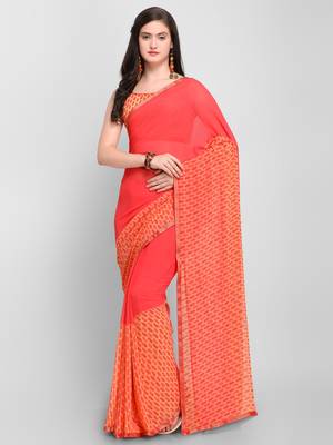Red printed georgette saree with blouse 1