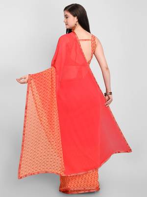 Red printed georgette saree with blouse 2