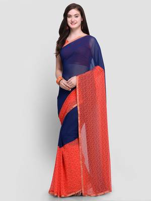 Blue printed georgette saree with blouse 1