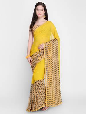 Yellow printed georgette saree with blouse 1