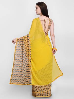 Yellow printed georgette saree with blouse 2