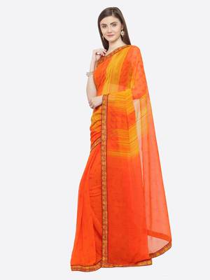 Orange printed georgette saree with blouse 3