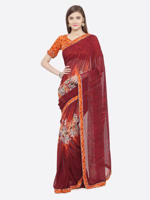 Purple printed georgette saree with blouse 1