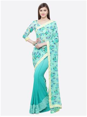 Turquoise printed georgette saree with blouse 1