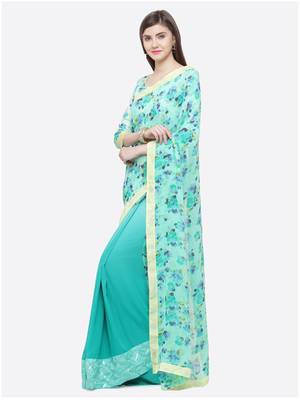 Turquoise printed georgette saree with blouse 3
