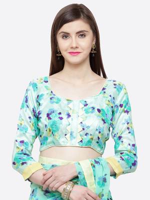 Turquoise printed georgette saree with blouse 4