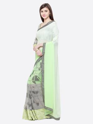 Green printed georgette saree with blouse 1