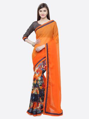 Orange printed georgette saree with blouse 1
