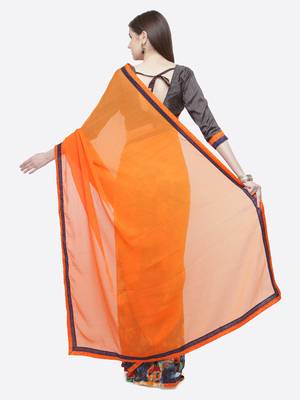 Orange printed georgette saree with blouse 2