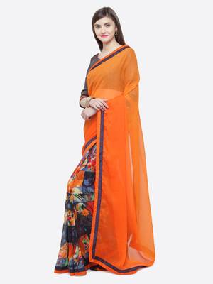 Orange printed georgette saree with blouse 3