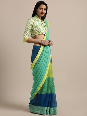 Turquoise printed georgette saree with blouse 1