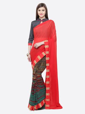 Red printed georgette saree with blouse 1