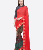 Red printed georgette saree with blouse