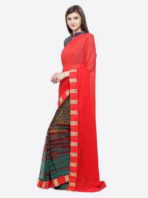 Red printed georgette saree with blouse 2