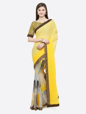 Yellow printed georgette saree with blouse 1