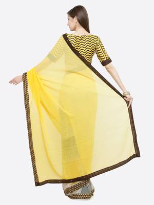 Yellow printed georgette saree with blouse 2
