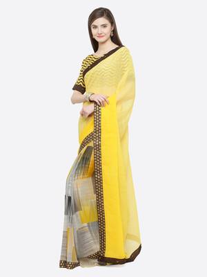 Yellow printed georgette saree with blouse 3