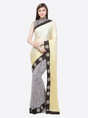 Beige printed georgette saree with blouse 1