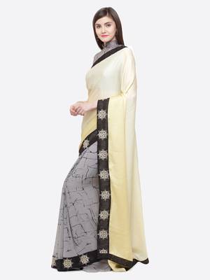 Beige printed georgette saree with blouse 3