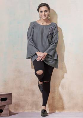 Grey embroidered viscose rayon long-tops 1