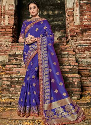 Blue embroidered silk saree with blouse 1