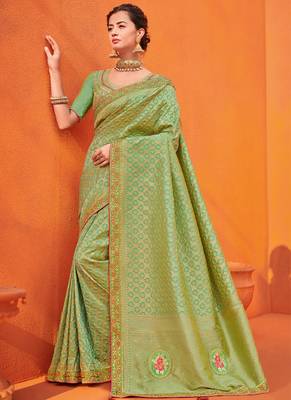 Green embroidered silk saree with blouse 1