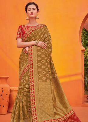 Brown embroidered silk saree with blouse 1