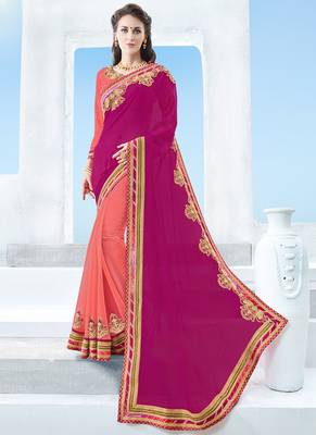 Pink embroidered chiffon saree with blouse 1