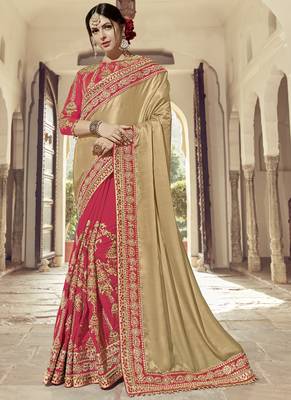 Beige embroidered banarasi silk saree with blouse 1
