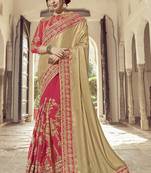 Beige embroidered banarasi silk saree with blouse