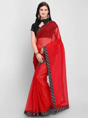 Red printed Net saree with blouse 1