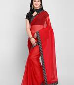 Red printed Net saree with blouse