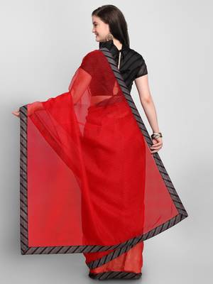 Red printed Net saree with blouse 2