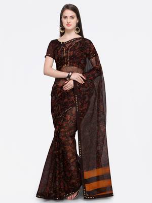 Brown printed Net saree with blouse 1