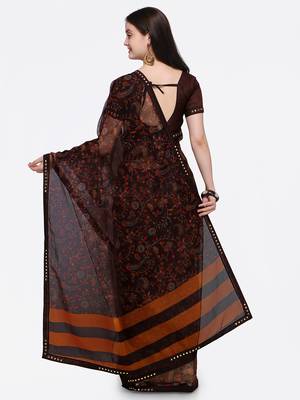 Brown printed Net saree with blouse 2