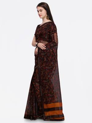 Brown printed Net saree with blouse 3