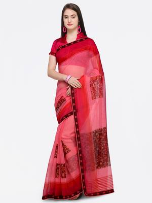 Pink printed Net saree with blouse 1