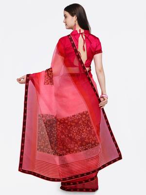 Pink printed Net saree with blouse 2