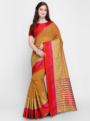 Beige printed cotton saree with blouse 1