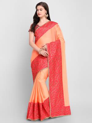 Peach printed Crepe saree with blouse 1