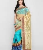 Blue printed cotton saree with blouse