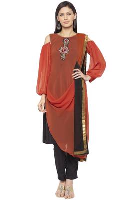 Brown Embroidered
 Georgette Salwar 1