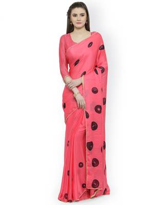 Pink printed Satin saree with blouse 1